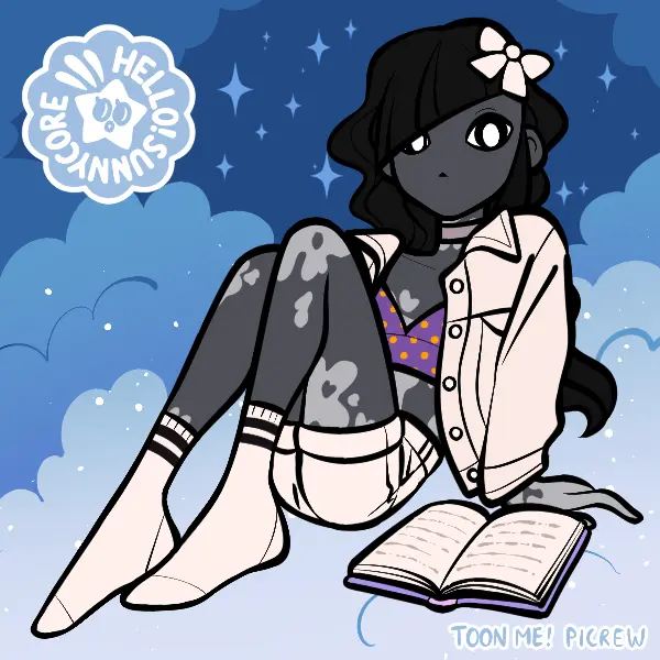 An avatar with dark grey skin and long black hair sitting on a cloud at night. Its clothes are white, purple and yellow. A bow adorns its hair, and a book is lying next to it.