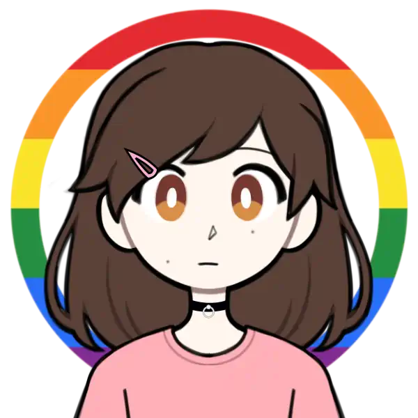 A white face with shoulder-length brown hair, brown eyes, a pink hair clip, two moles, pink t-shirt and black collar, rainbow halo background