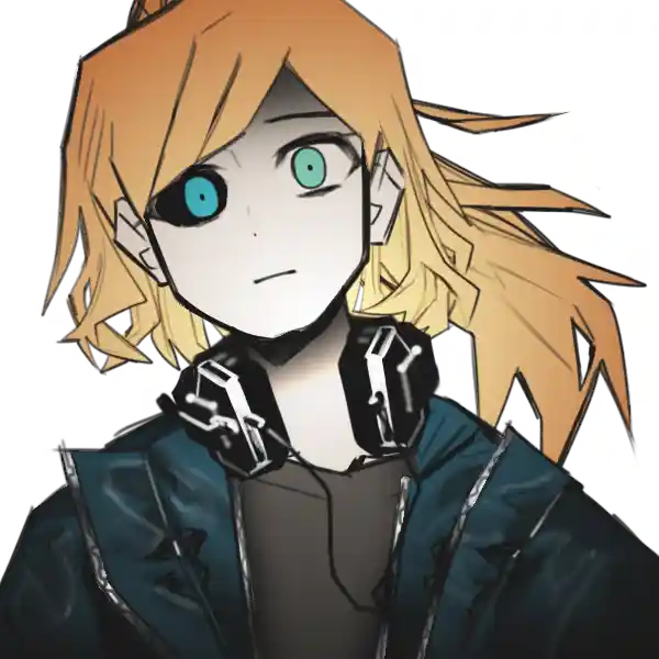 A white face, dark blonde, slightly orange hair with a pony tail, left eye is green, right eye is a light blue cyborg eye, wearing jacket and t-shirt, headphones around the neck