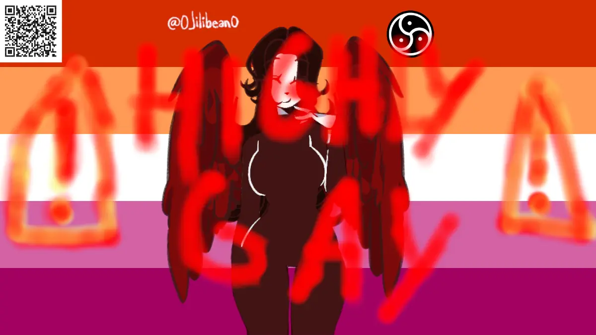 White person with very curvy boobs and hips, long dark hair, and red wings on their back, wearing a catsuit and snickering. Lesbian pride flag background, BDSM triskelion, red 'highly gay' text with warning signs painted over it all